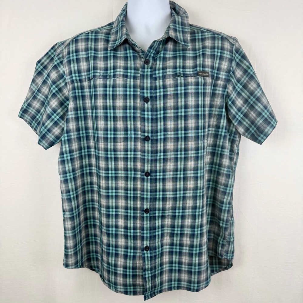 Columbia Mens Short Sleeve Plaid Button Up Shirt Teal Blue Regular Fit Large